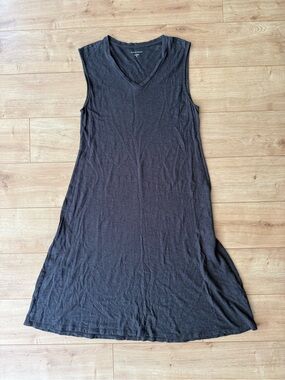 Eileen Fisher Charcoal Hemp Organic Cotton V Neck Midi Dress S Sleeveless